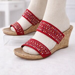 Coach And Four Wedge Sandals Metallic Stud Embellishments Fabric Strap Size 9.5M